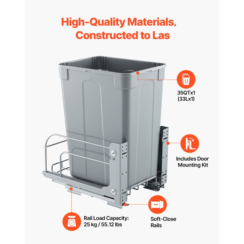 35 QT Pull-Out Trash Can for Kitchen Cabinets - Soft-Close