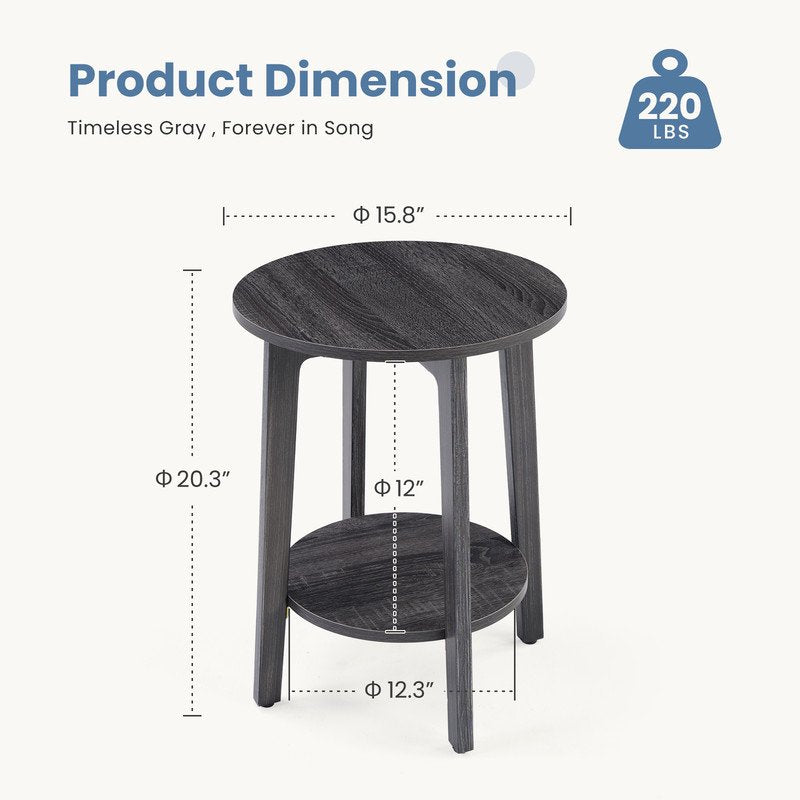 2-Tier Round Side Table with Tapered Legs - Gray