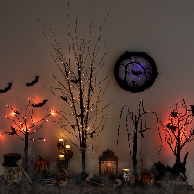 LED Halloween Wreath with Bats and Purple Lights - 13 Inch Black Twig Decor