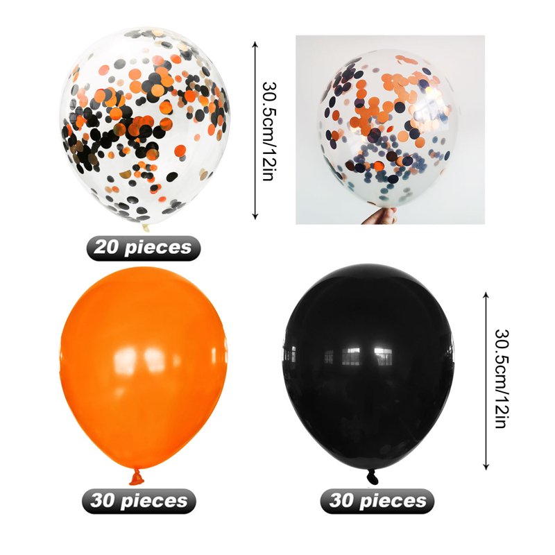Halloween Confetti Balloons Set - Black, Orange, White 12 Inch Latex & Foil Decor