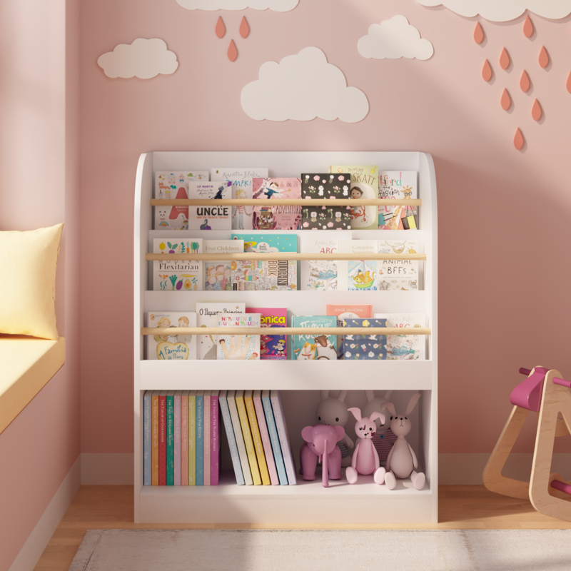 3-Tier Wooden Front-Facing Kids Bookshelf with Storage