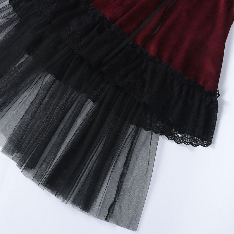 A105 Red Women's Gothic Corset Dress with High-Low Tulle Skirt and Lace Ruffles - Dark Witch Vampire Cosplay