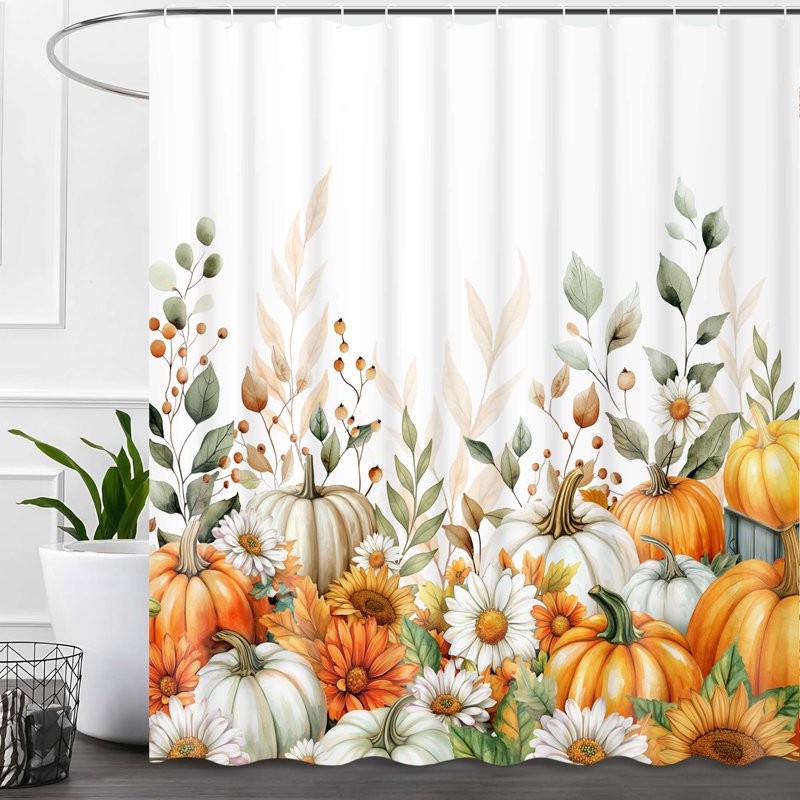 Ikfashoni Fall Pumpkin Shower Curtain with Hooks - Orange Waterproof Bathroom Decor - Fall 5