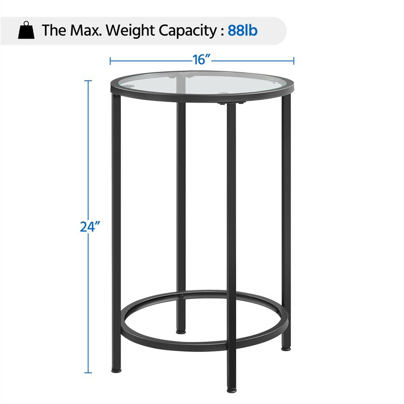 Round Metal End Tables with Glass Top - Set of 2, Black