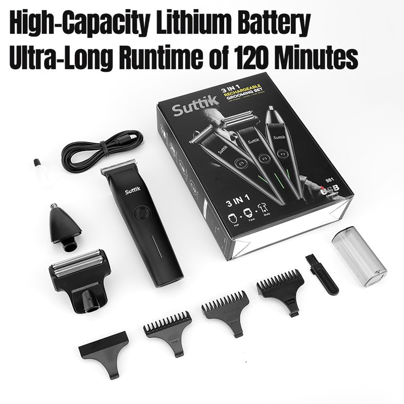 Beard Trimmer & Grooming Kit - 3 in 1 Hair Clippers for Face, Nose, Ear