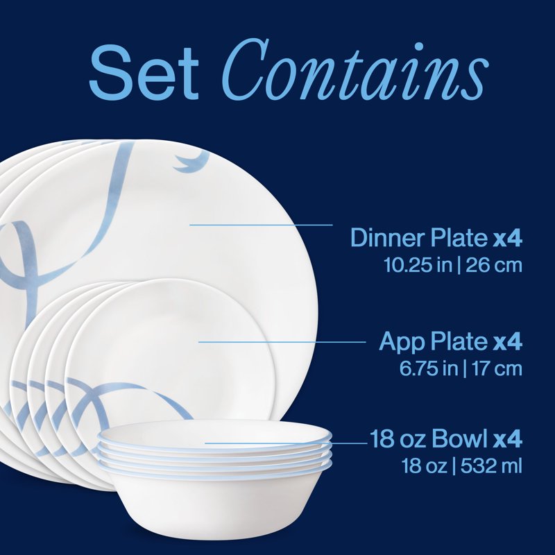 Blue Ribbons 12-Piece Glass Dinnerware Set - Service for 4