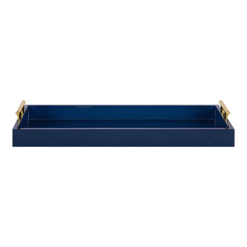 Narrow Decorative Tray with Metal Handles - 10" x 24" - Navy Blue & Gold