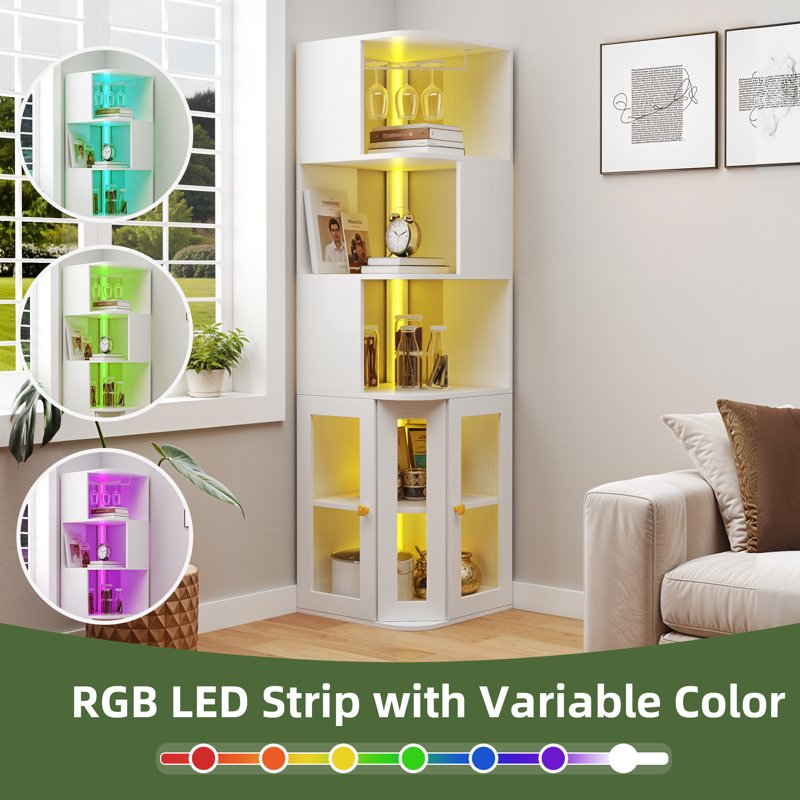 Corner Bar Cabinet with LED Lights & Glass Holder - White