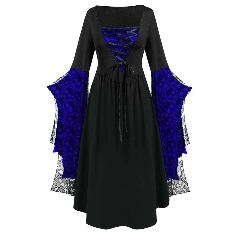 Blue Gothic Witch Dress for Women - Renaissance Costume with Bat Sleeves, Size M - AA-Blue