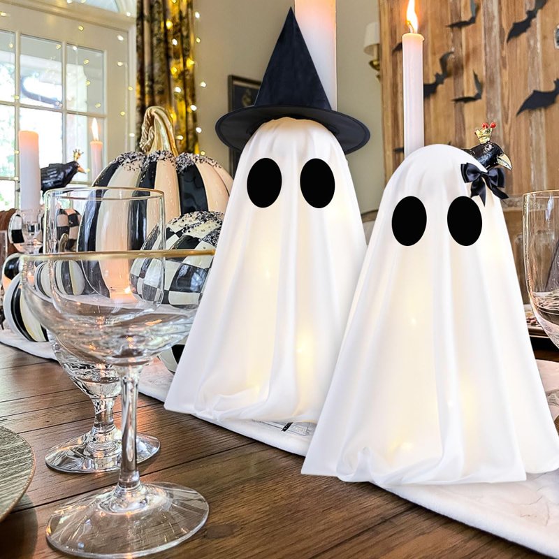 Halloween Ghost Decorations Set with Lights & Timer - Indoor Tabletop Decor