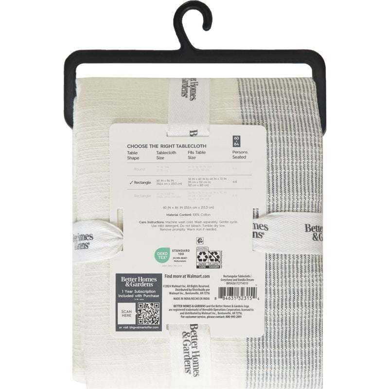 Jett Stripe Cotton Tablecloth 60" x 84" - Vanilla Dream & Grey Stone