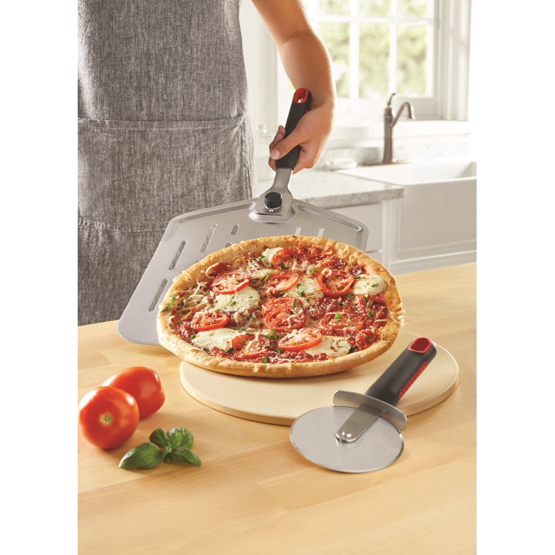 12" Round Cordierite Pizza Stone Set with Peel & Cutter - 3-Piece