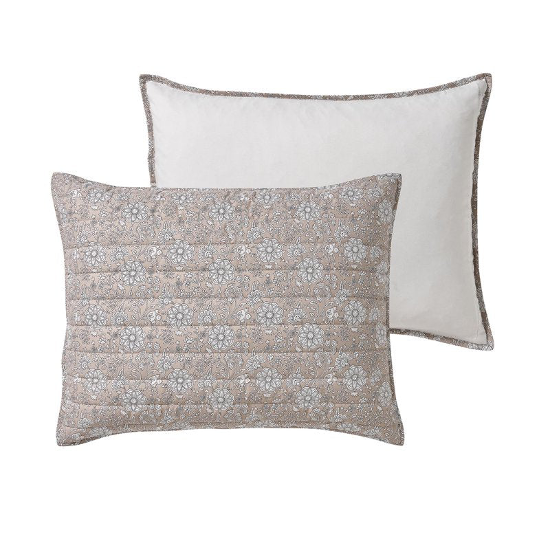 Full/Queen Floral Quilt Set with Pickstitch Stripes - Taupe 3-Piece Bedding
