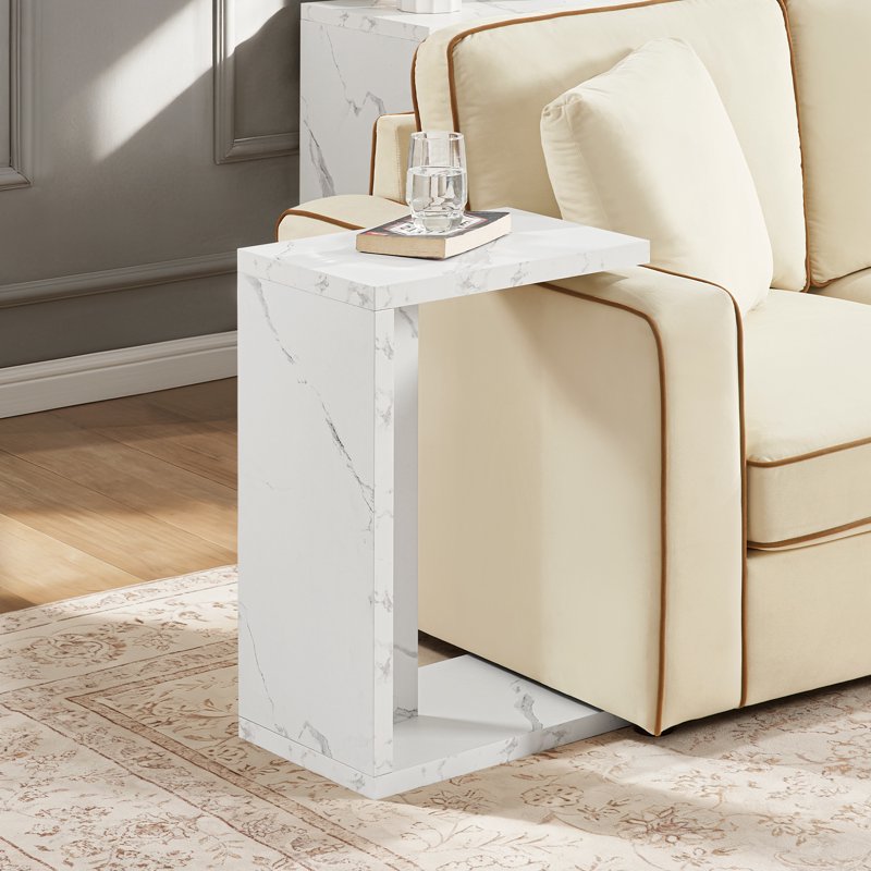 C-Shaped End Table - Modern White Faux Marble Design
