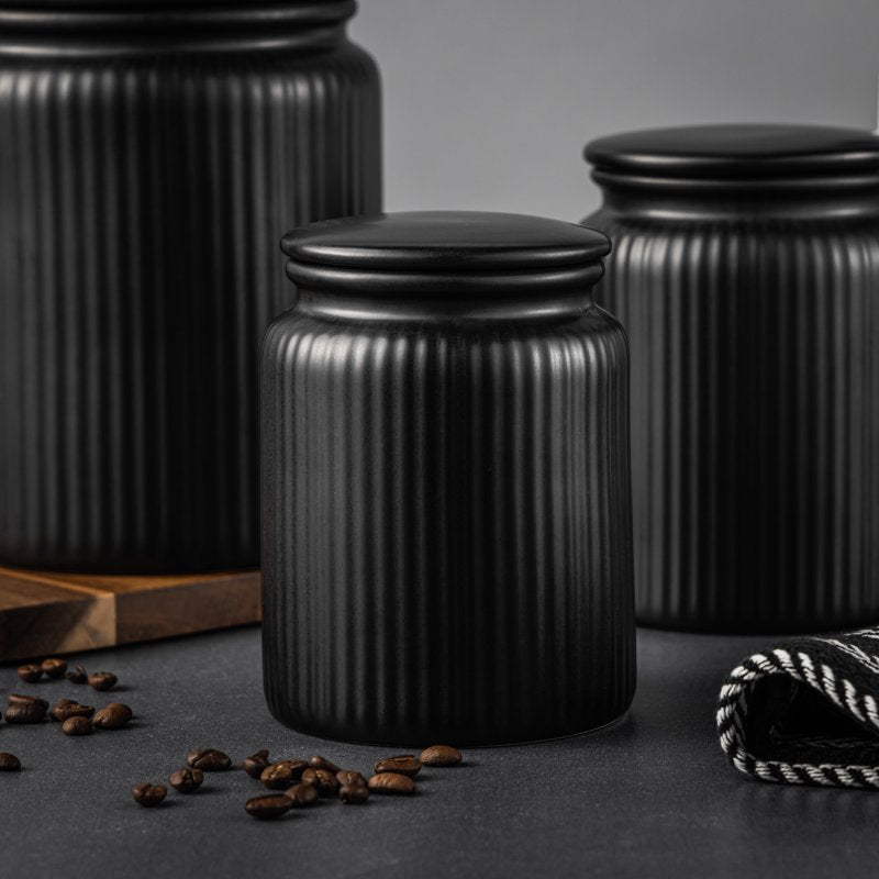 Small Ceramic Ribbed Kitchen Organization Jar (580mL) - Black, 2 Pack