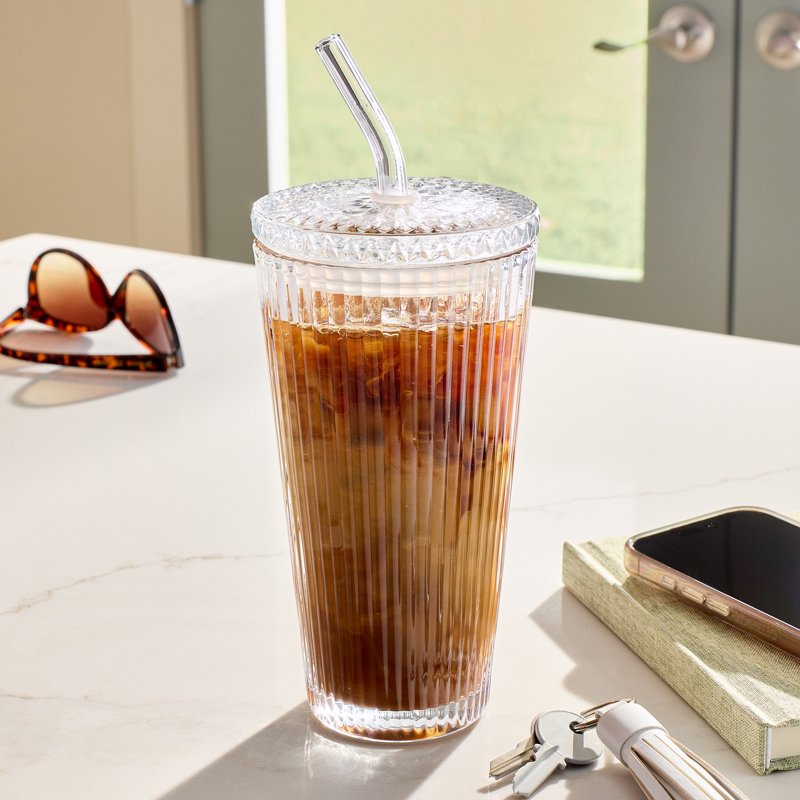 21 oz Ribbed Glass Tumbler with Lid & Straw - Clear, 2 Pack