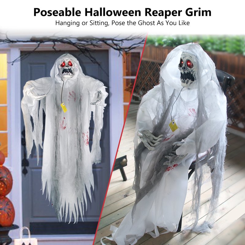 White Halloween Hanging Grim Reaper Decor with Sensor-Activated LED Eyes and Sound - 5.7 ft
