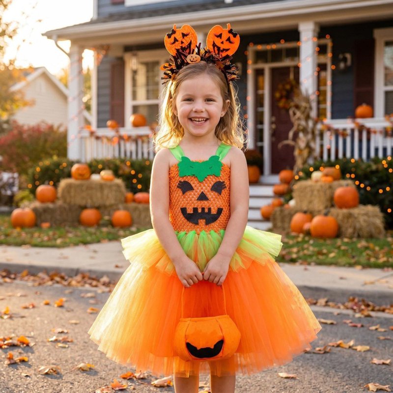 Kids Halloween Costume Dress with Accessories - Multicolour Princess Pumpkin Theme, 9-10 Years - Fancy Dress Costume