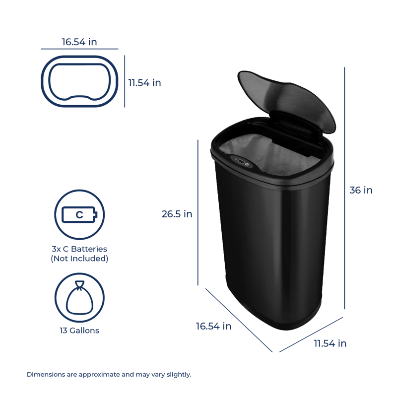 Automatic Kitchen Trash Can - 13.2 Gallon Stainless Steel, Motion Sensor, Soft Close Lid - Black