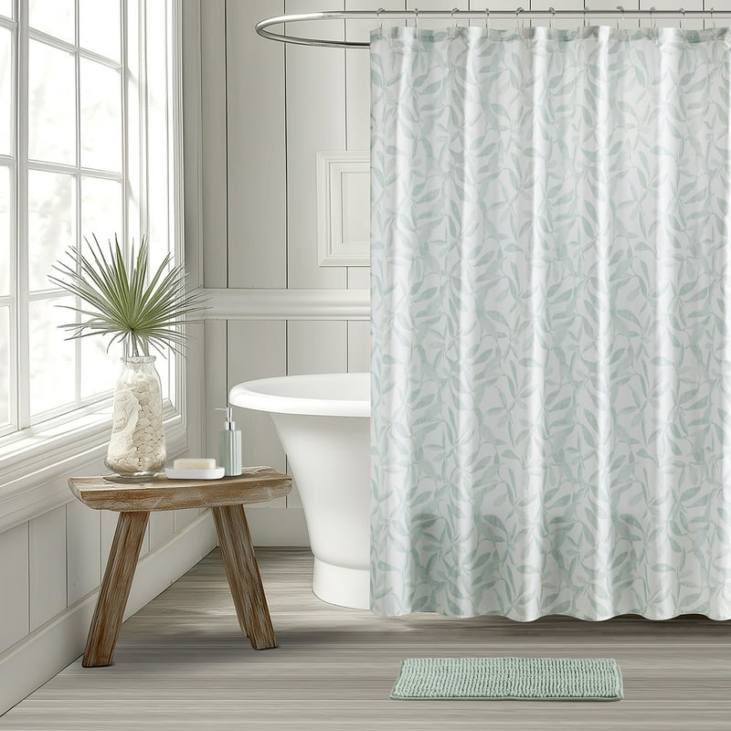 Green Leaf Shower Curtain Set with Rug Hooks Soap Dispenser Bathroom Accessories