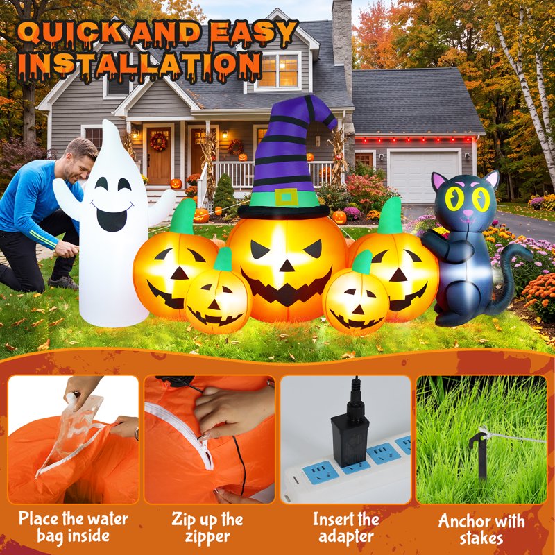 Halloween Inflatable Pumpkin with Ghost and Black Cat - 8FT Family Decor - Variation of 5 Pumpkins