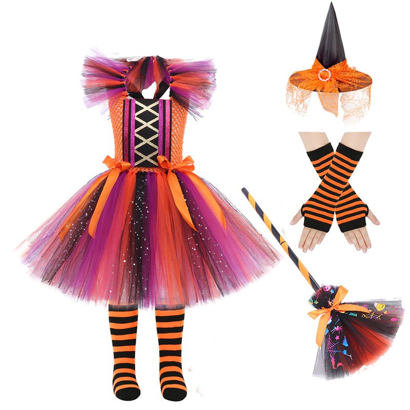 Girls Witch Costume Dress with Accessories - Multicolour, 7-8 Years Halloween Fancy Dress