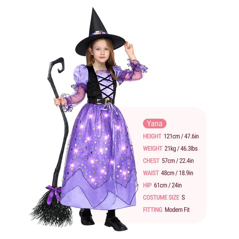 Girls Light Up Witch Costume Set - Starry Dress, Broom, Hat, Small (5-7 Years) - Halloween Cosplay
