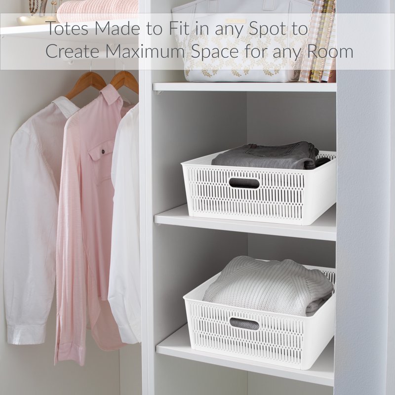 Simplify 2 Pack White Plastic Storage Baskets - Shallow Stackable Organizers