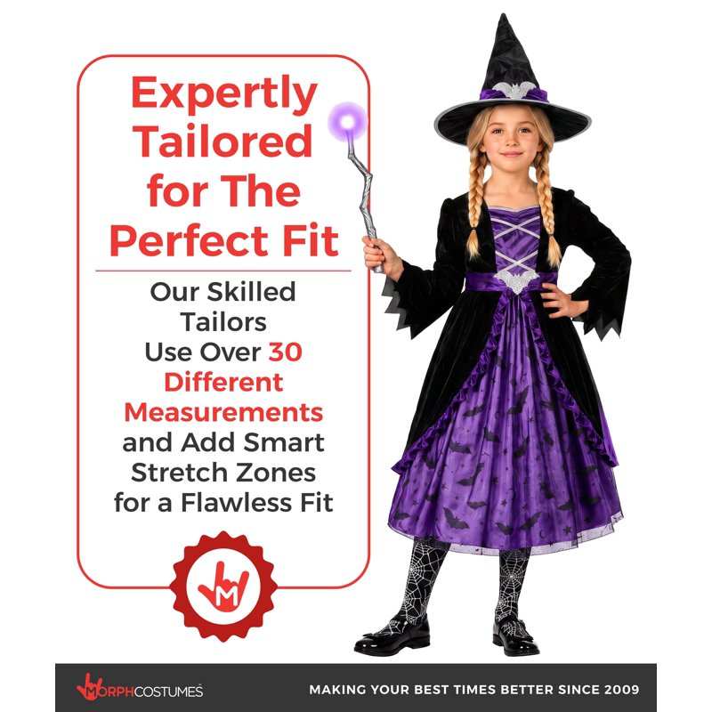 Kids Witch Costume Hat - Morph Deluxe Girls Purple & Black Fancy Dress M