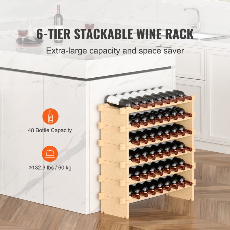 Stackable Modular Wine Rack - 48-Bottle Bamboo Storage Shelf