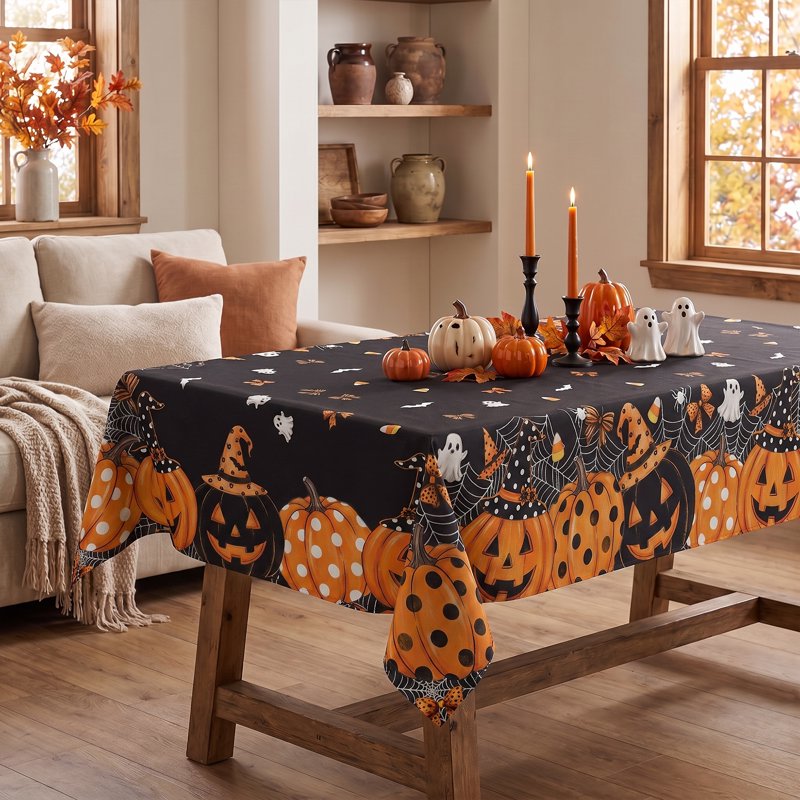 Halloween Tablecloth with Ghost Bat Pumpkin Web 60x104 Inch Wrinkle-Resistant & Washable