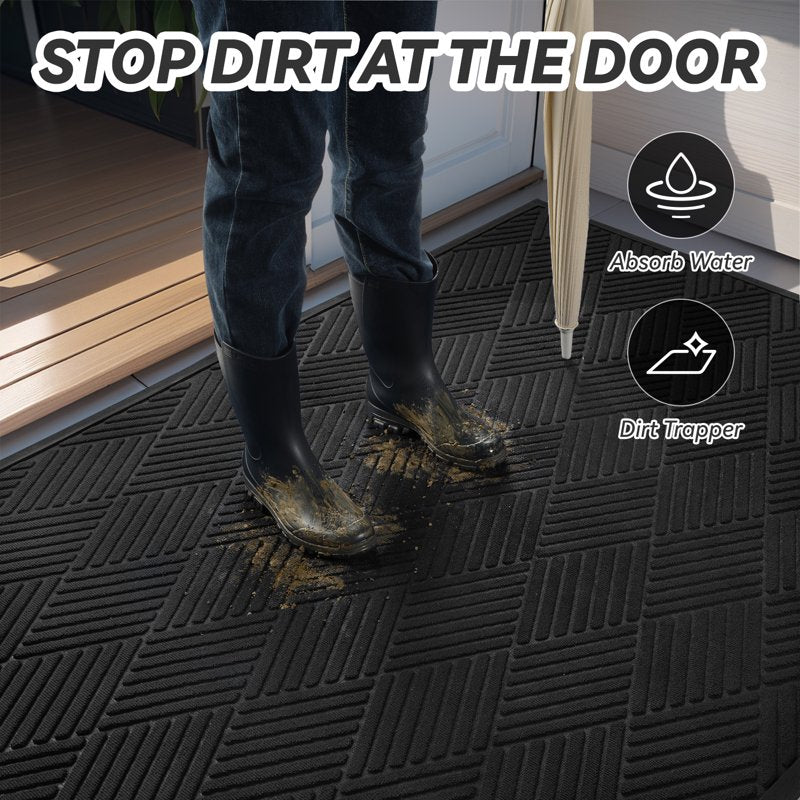 Outdoor Doormat Non-Slip Rubber Welcome Mat 17x30 Crosshatch Black - Absorbent Entry Rug
