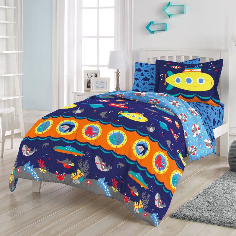 Twin Submarine Comforter Set for Kids - Navy Microfiber Bedding with Sea Animal Prints