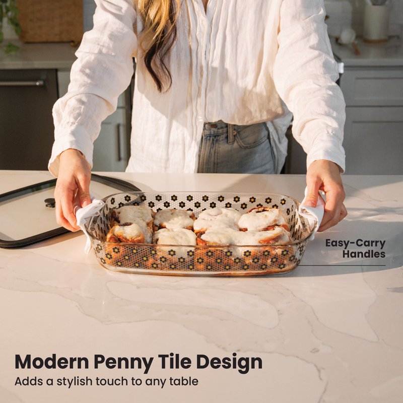 9x15 Glass Baking Dish with Lid - Modern Penny Tile Design