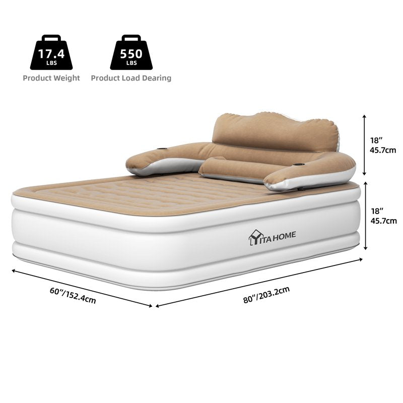 Queen Size Inflatable Air Mattress with Headboard & Built-In Electric Pump - Brown, Variation of Queen Brown-Style2