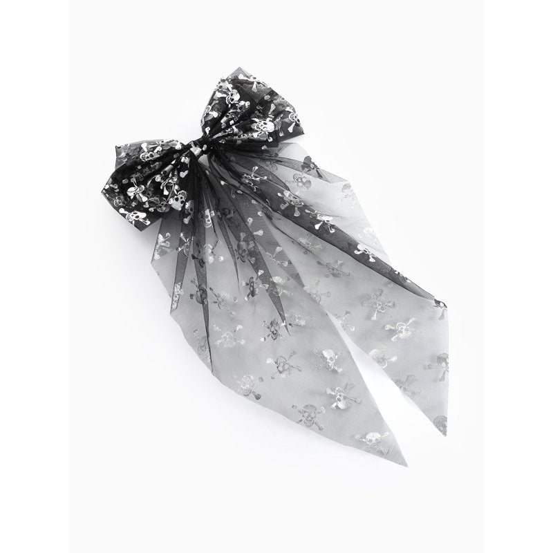 Halloween Metallic Skull Print Tulle Hair Bow Clip for Women