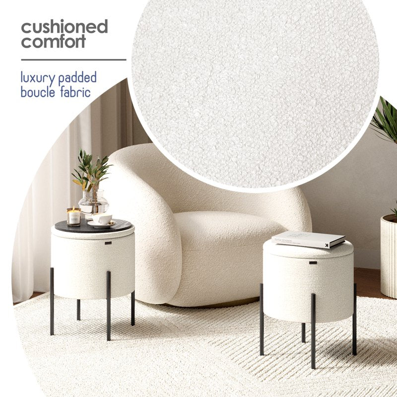 Small Round Ottoman with Storage - Upholstered Foot Stool