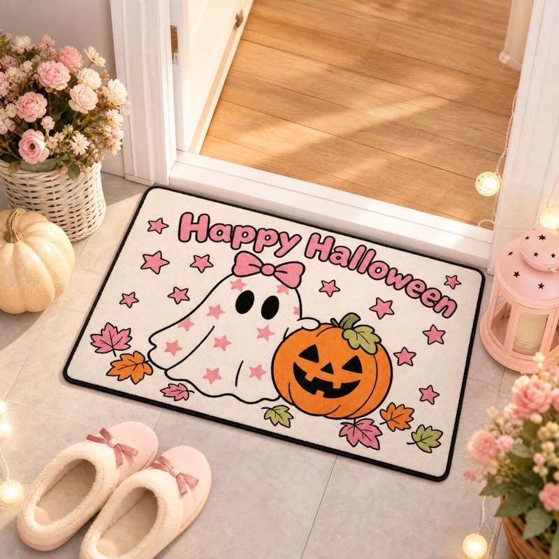Pink Ghost Halloween Doormat - Cute Welcome Mat with Pumpkins & Stars, Absorbent Diatomite Floor Mat with Rubber Backing, 12_Pink Pumpkin Ghost Mat_L