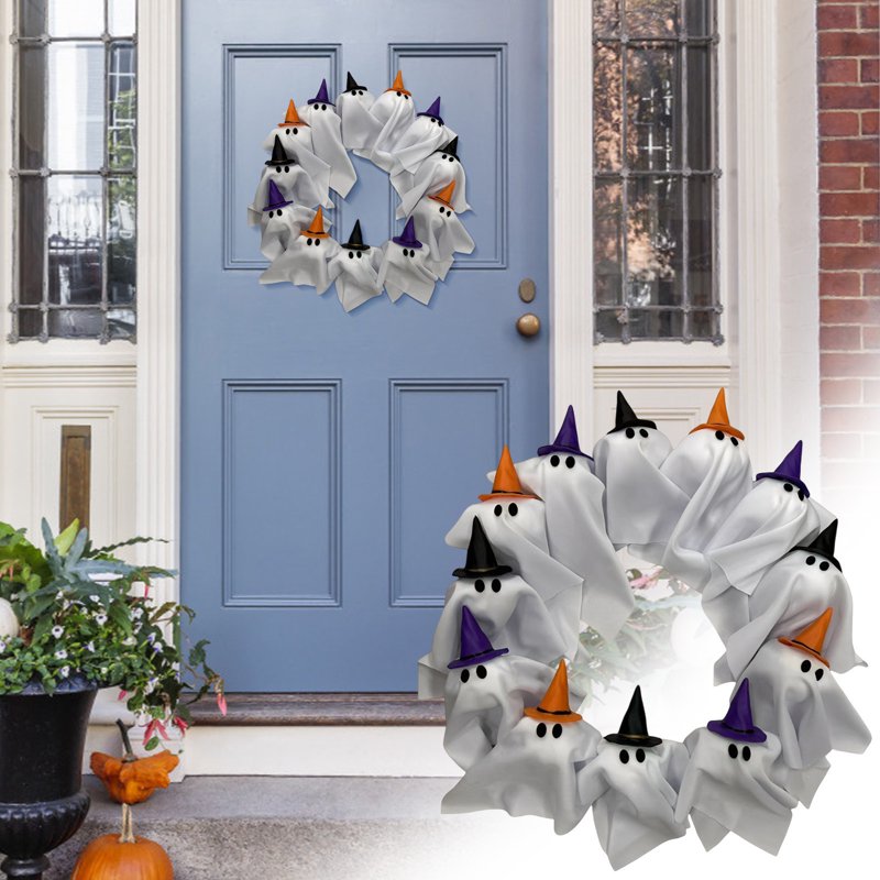 15.7-inch LED Light-Up Ghost Wreath with Witch Hats for Halloween Front Door Decor