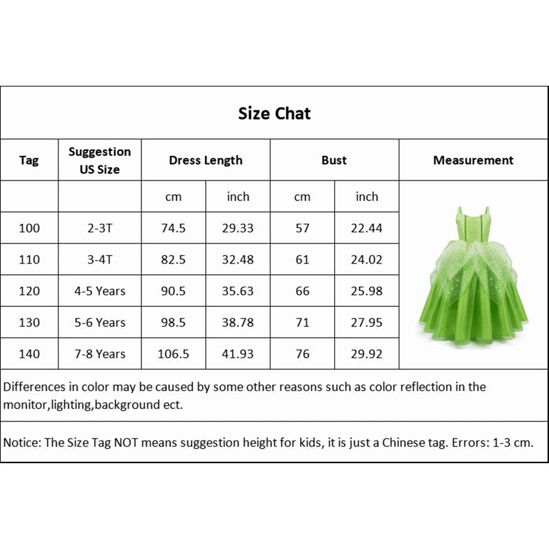 Girls Princess Fairy Costume Dress with Accessories 3T-4T Green Sparkly Tulle Skirt
