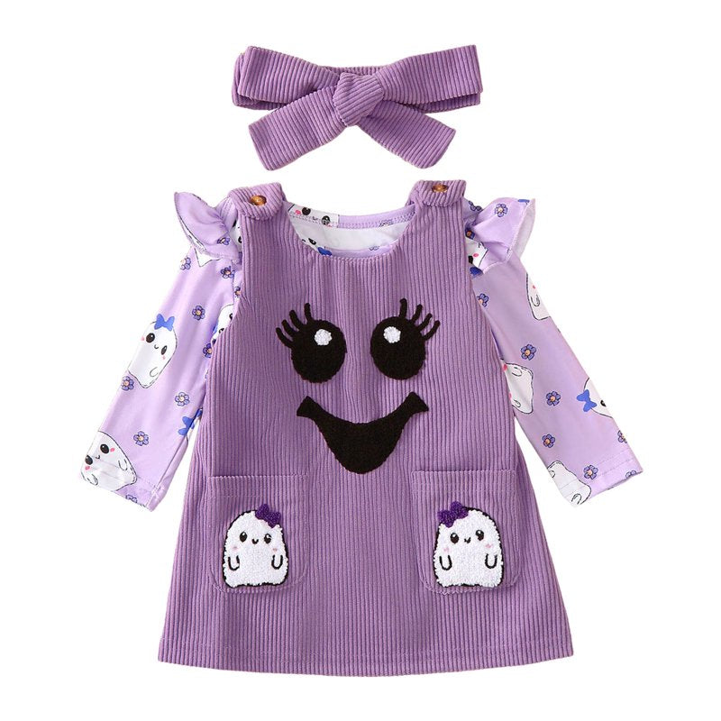 A13-Purple Baby Girl Halloween Outfits Ruffle Romper Pumpkin Overalls Set - 0-3 Months