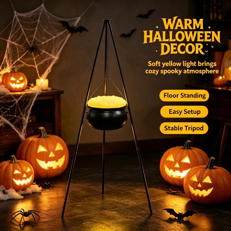 Halloween Outdoor Decor Witch Cauldron with Tripod & Timer Lights - Beige 30.4 x 7.8 inches
