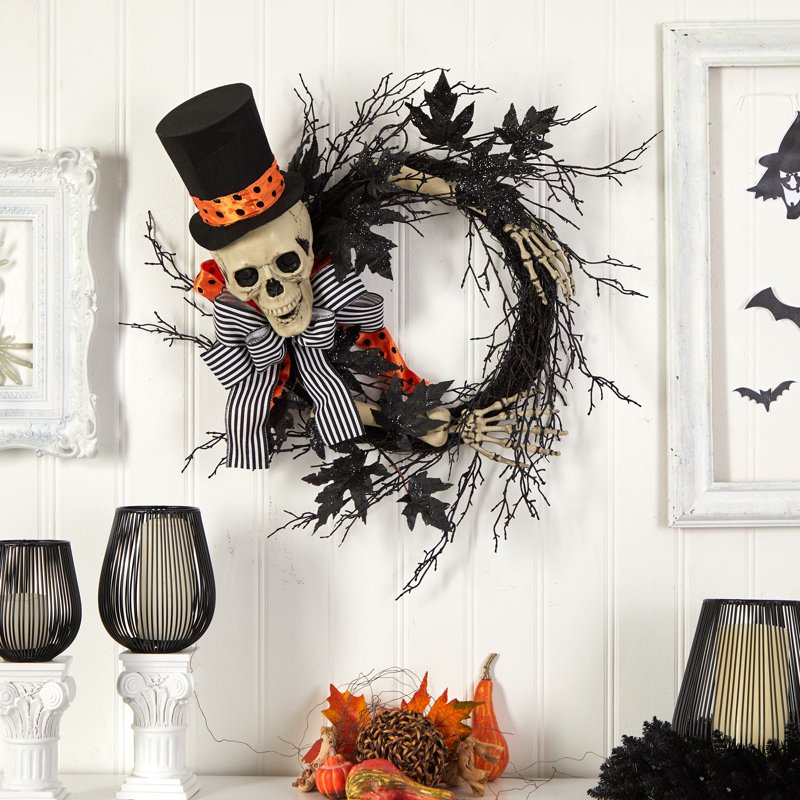 Halloween Skeleton Wreath - 26 Inch Spooky Decorative Door and Wall Hanging
