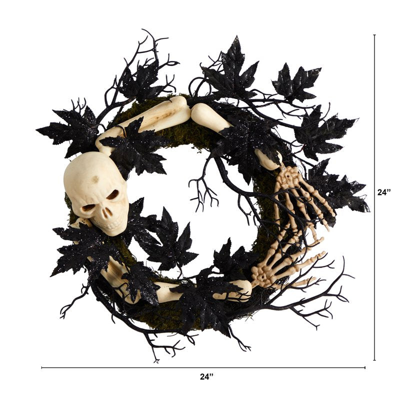 Halloween Skull and Bones Wreath - 24 Inch Artificial Decor for Door or Wall