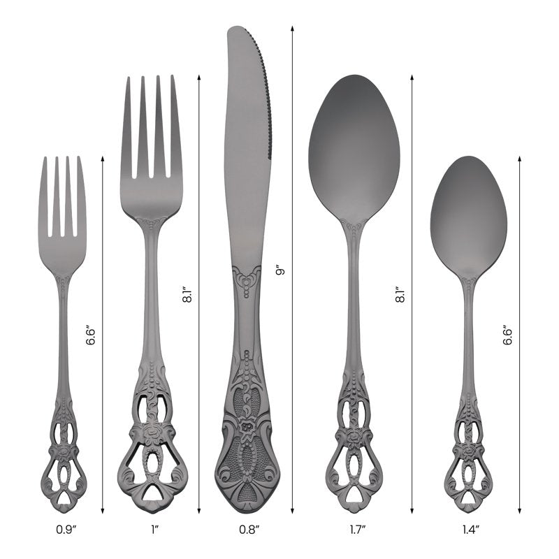 20-Piece Stainless Steel Floral Flatware Set - Black