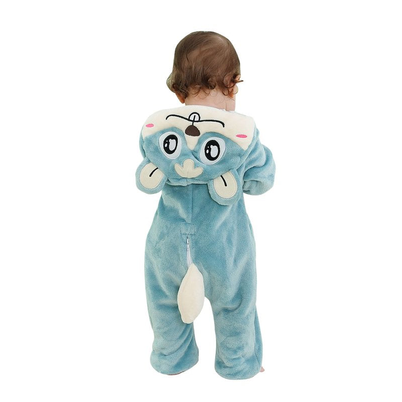 Kids Animal Hooded Flannel Romper - Blue, 18-24 Months