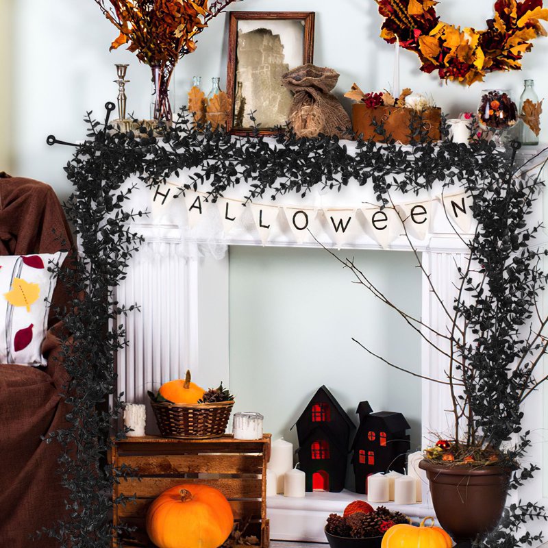 Black Halloween Garland - 6FT Faux Eucalyptus for Party Decor - Variation D