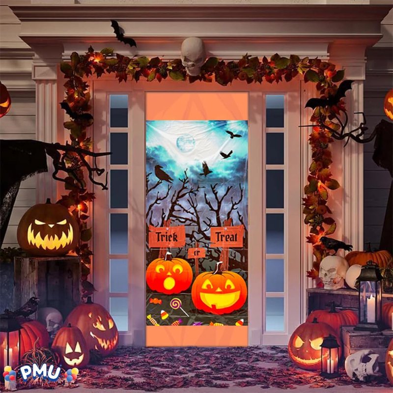 PMU Halloween Trick or Treat Door Cover - 1 Pack, Spooky Door Decoration