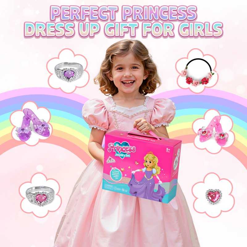 Toddler Girl Princess Dress Up Set with Wings Jewelry Shoes - Birthday Gift for 3-6 Years