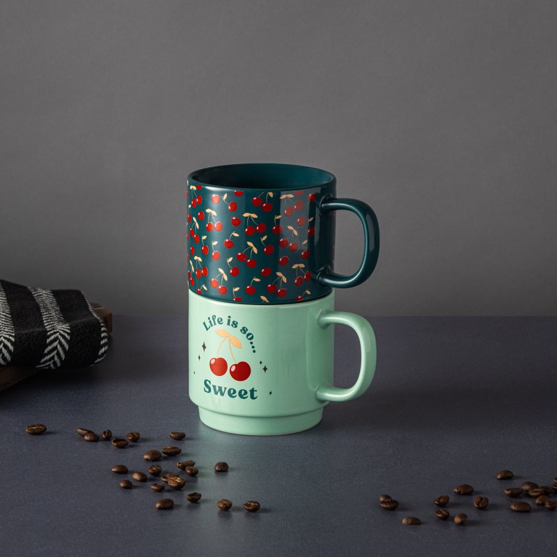 Stacking Mugs Set - Life is Sweet & Cherries - 14.2 fl oz